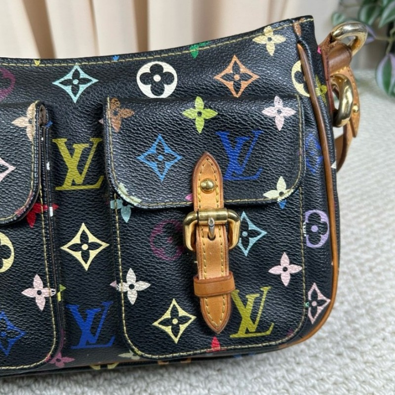 ZZZ LV路易威登黑三彩劍橋腋下包 棕色皮質肩帶 金色五金 雙扣設計四季通搭 單肩包手提包-13