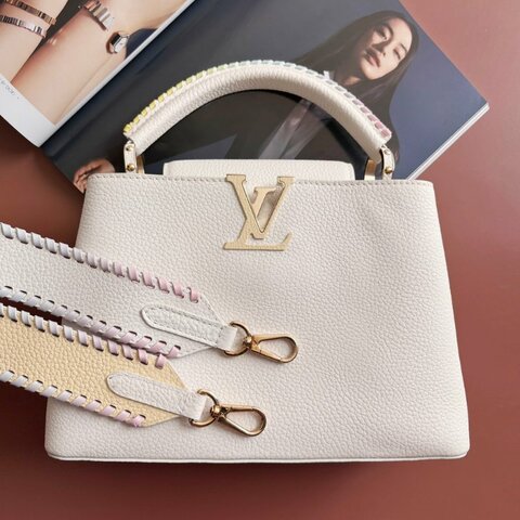 限定款 ::Louis Vuitton:: M59883 Capucines BB 米白x鵝黃色 手提包 斜背包 兩用包 彩色背帶