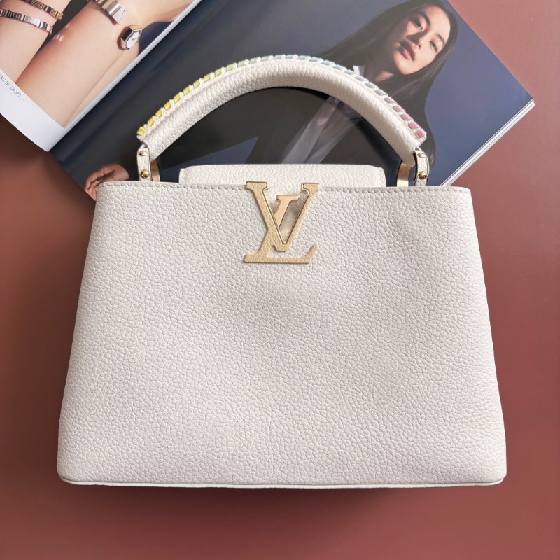 限定款 ::Louis Vuitton:: M59883 Capucines BB 米白x鵝黃色 手提包 斜背包 兩用包 彩色背帶-1