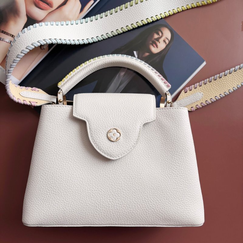 限定款 ::Louis Vuitton:: M59883 Capucines BB 米白x鵝黃色 手提包 斜背包 兩用包 彩色背帶-4