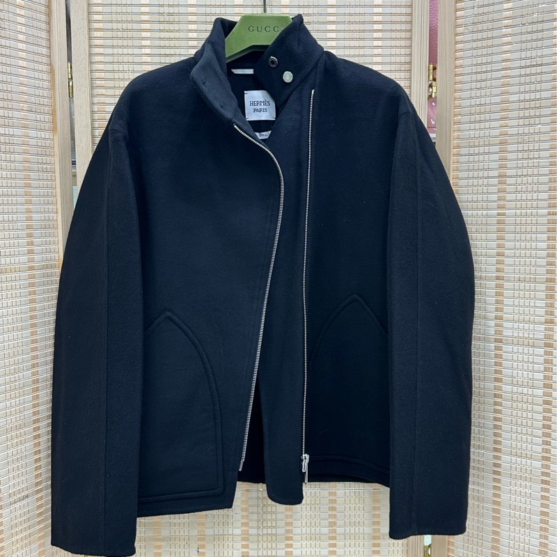 愛馬仕Hermes 斜拉鍊 黑色 羊絨外套  女士短款大衣 衣服 34碼-0