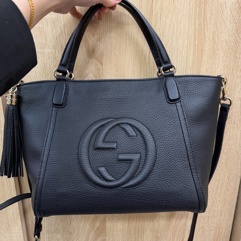 Gucci 黑牛皮淡金釦Soho Tote S號手提斜背托特包-0