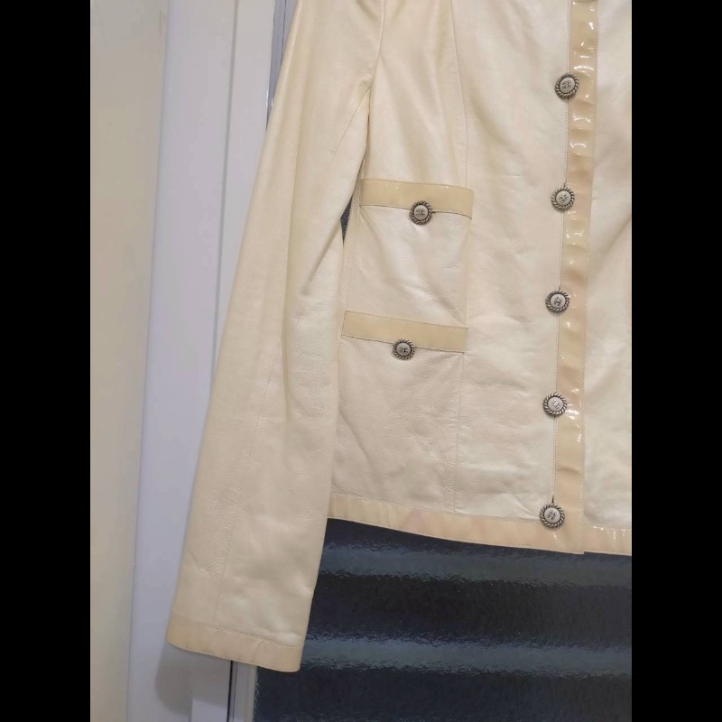 Chanel 珠光膚皮漆皮邊四口袋皮外套-3