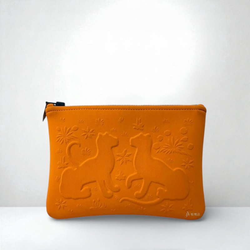 Hermes 經典橘太空棉Neobain Poulpe Fiction壓花字樣兩隻豹一字拉收納包-0