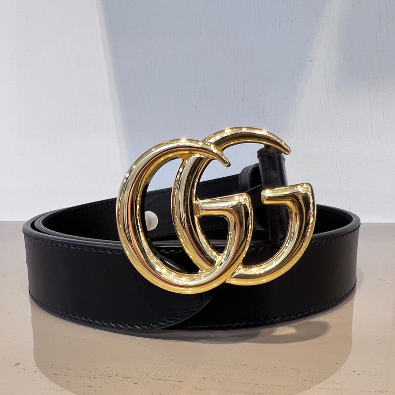 Gucci 黑牛皮Marmont金釦皮帶-0