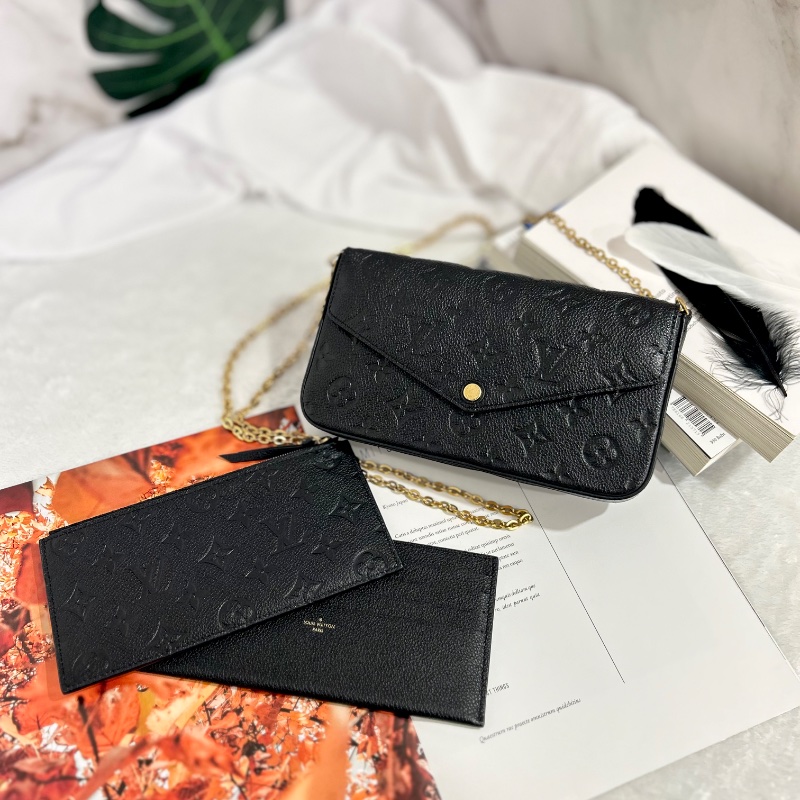 Louis Vuitton LV Felicie Pochette 黑壓紋三合一鏈條包 晶片款-0