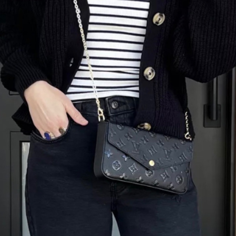Louis Vuitton LV Felicie Pochette 黑壓紋三合一鏈條包 晶片款-1