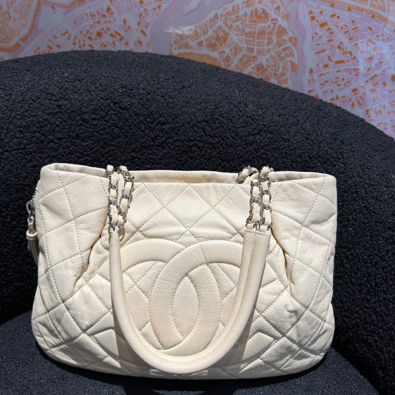 香奈兒Chanel奶油白色大雙C鏈條單肩托特包-5