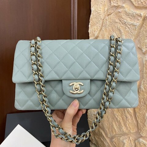 芯片款 Chanel CF雙翻蓋鏈條包黃金中號荔枝牛皮魚子醬