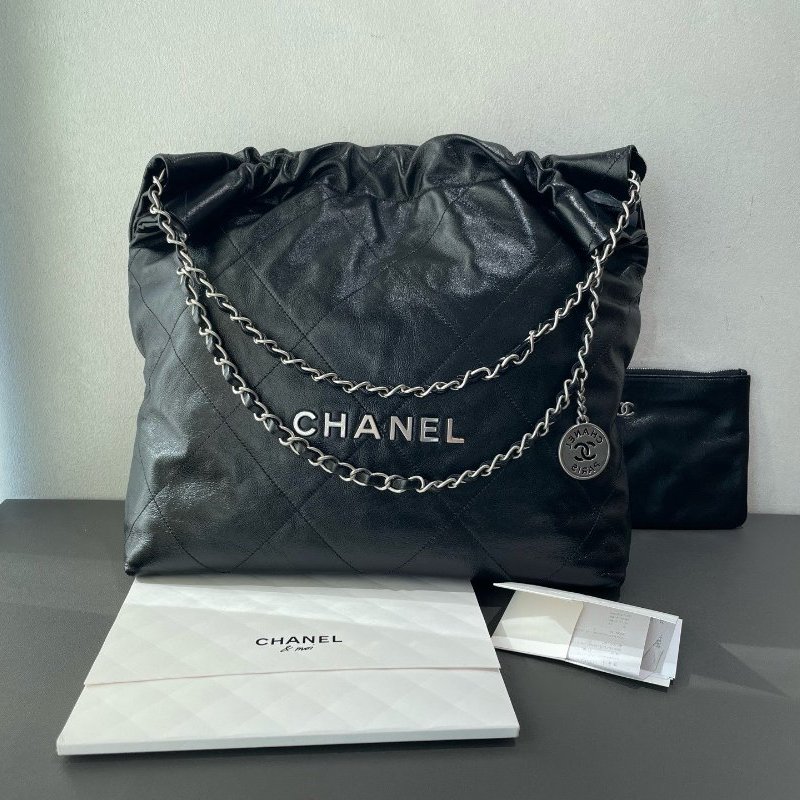 閒置新 Chanel香奈兒22bag黑銀垃圾袋中號芯片款-0