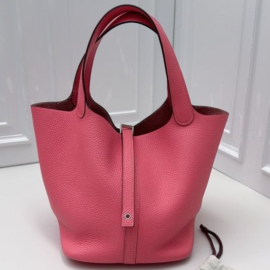 近新品 Hermes愛馬仕picotin菜籃子22粉色銀扣-0