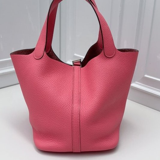 近新品 Hermes愛馬仕picotin菜籃子22粉色銀扣-6