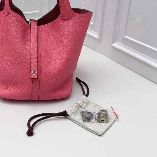 近新品 Hermes愛馬仕picotin菜籃子22粉色銀扣-11