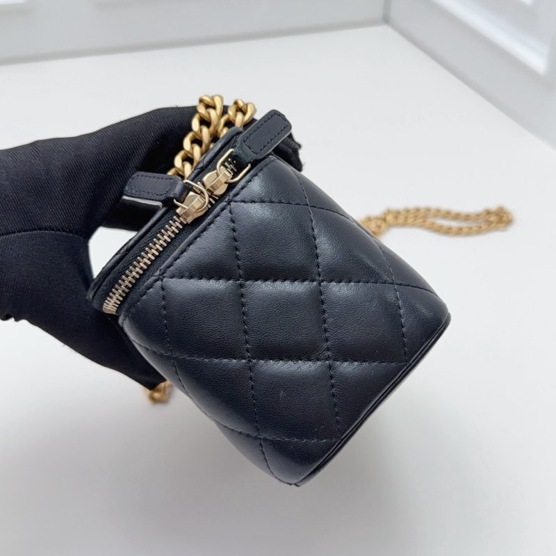 芯片款 香奈兒Chanel菠蘿紋小金柱黑金小羊皮化粧盒子包-2