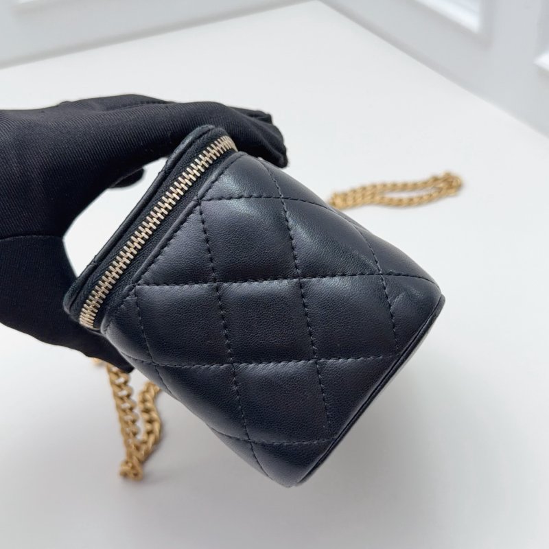 芯片款 香奈兒Chanel菠蘿紋小金柱黑金小羊皮化粧盒子包-3