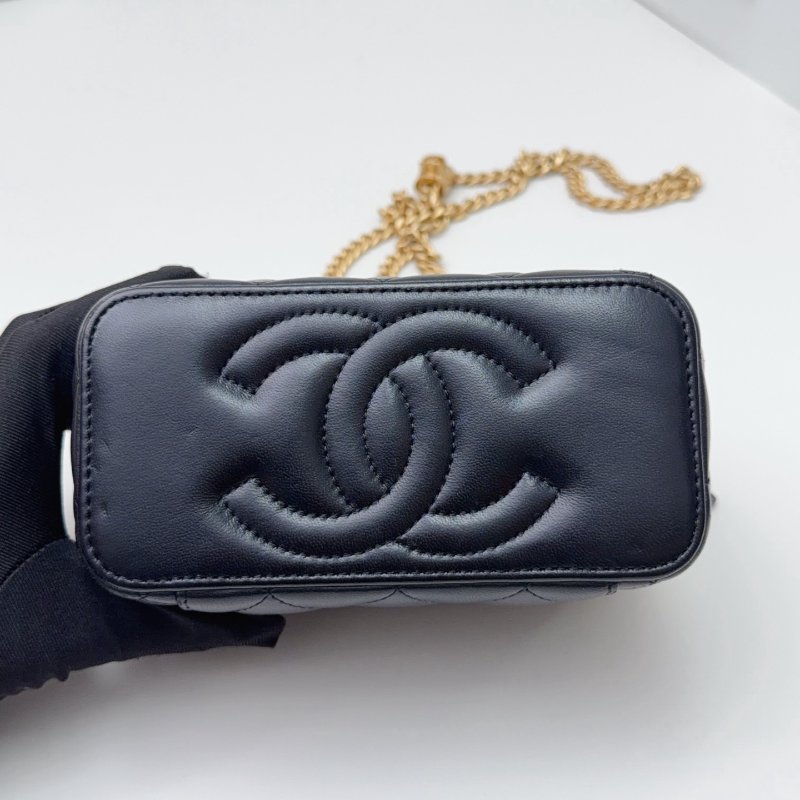 芯片款 香奈兒Chanel菠蘿紋小金柱黑金小羊皮化粧盒子包-5