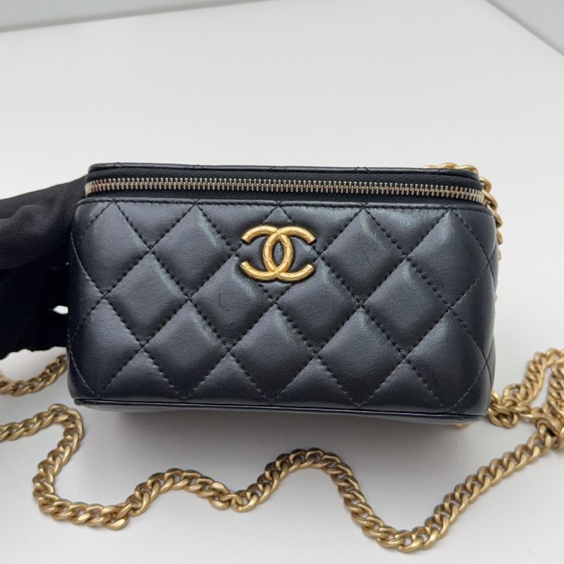 芯片款 香奈兒Chanel菠蘿紋小金柱黑金小羊皮化粧盒子包-6