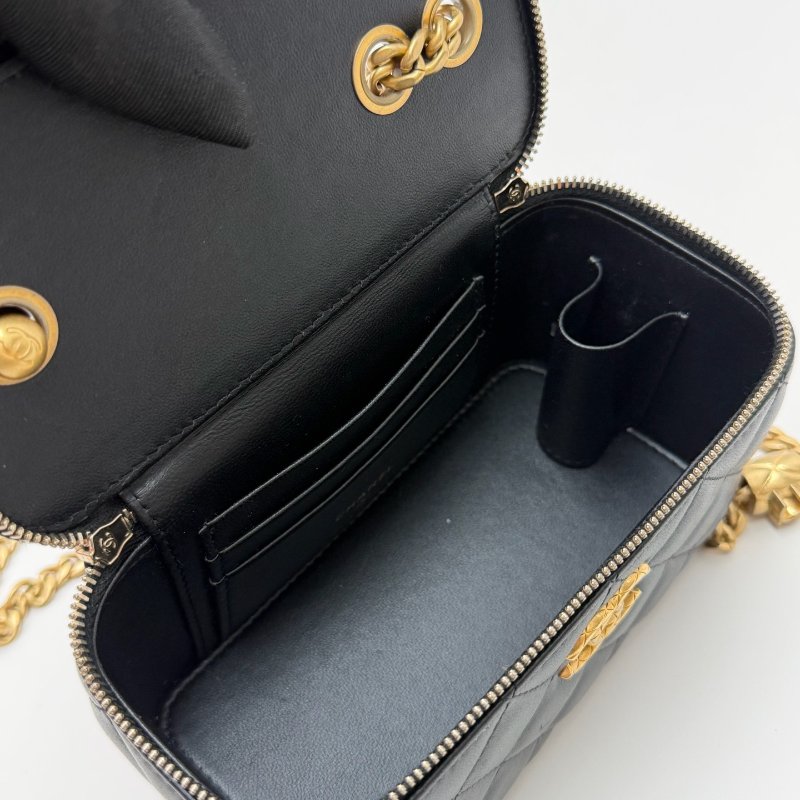 芯片款 香奈兒Chanel菠蘿紋小金柱黑金小羊皮化粧盒子包-9