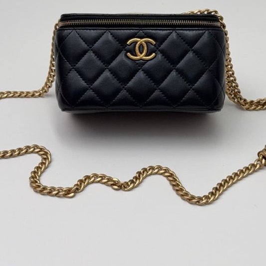 芯片款 香奈兒Chanel菠蘿紋小金柱黑金小羊皮化粧盒子包-10