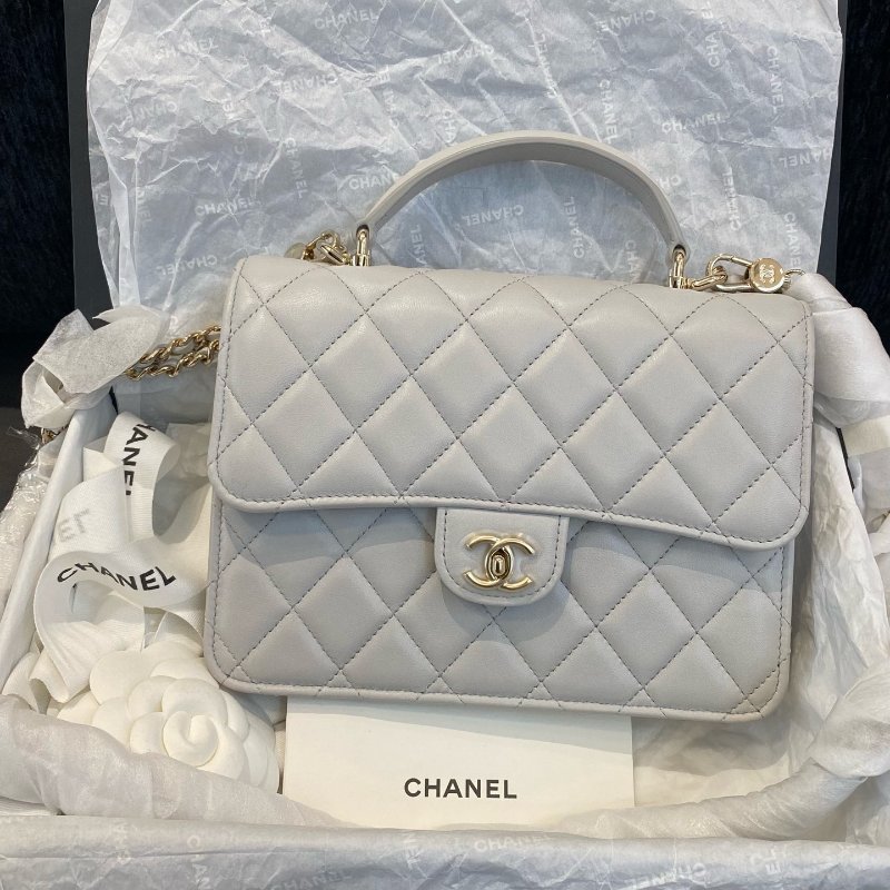 香奈兒Chanel灰色手柄羊皮金扣三合一單肩斜挎手拎包-6