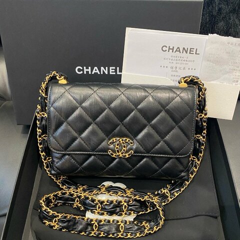 芯片款 Chanel香奈兒19bag繫列黑金牛皮風琴包鏈條荳腐包