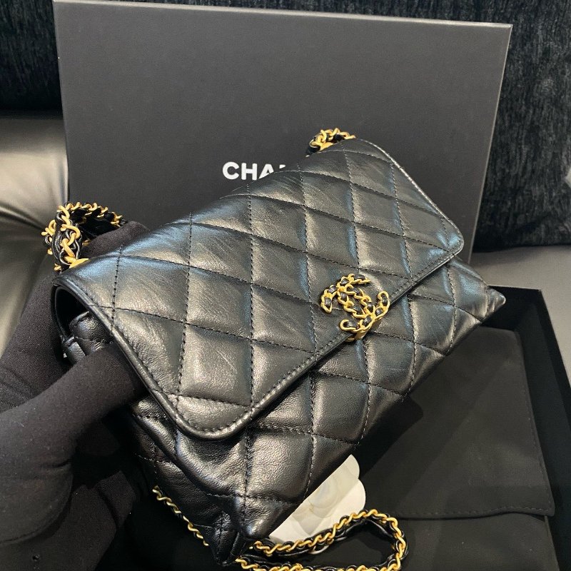 芯片款 Chanel香奈兒19bag繫列黑金牛皮風琴包鏈條荳腐包-3