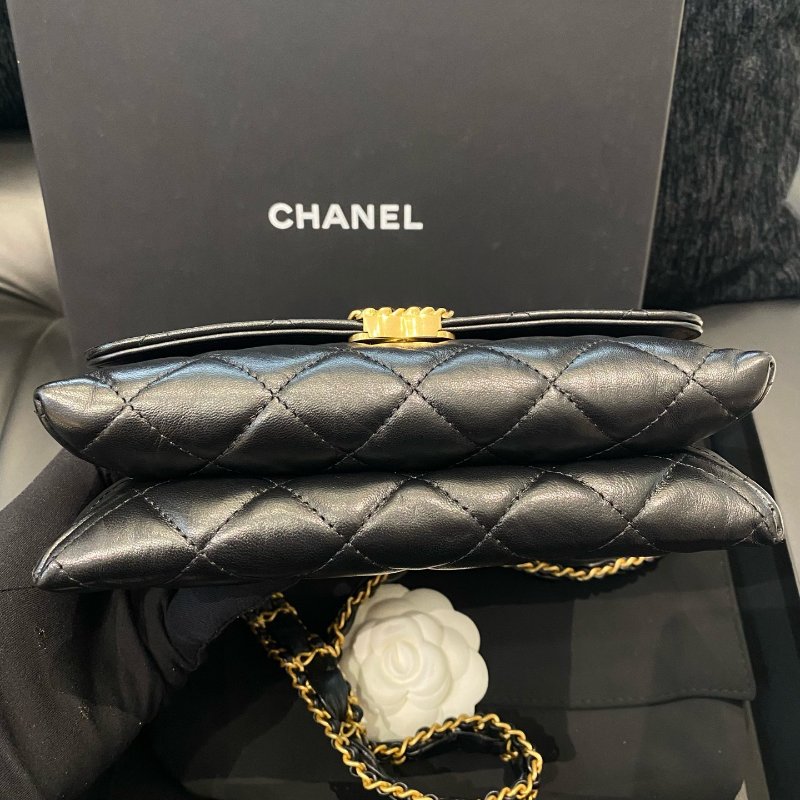 芯片款 Chanel香奈兒19bag繫列黑金牛皮風琴包鏈條荳腐包-8