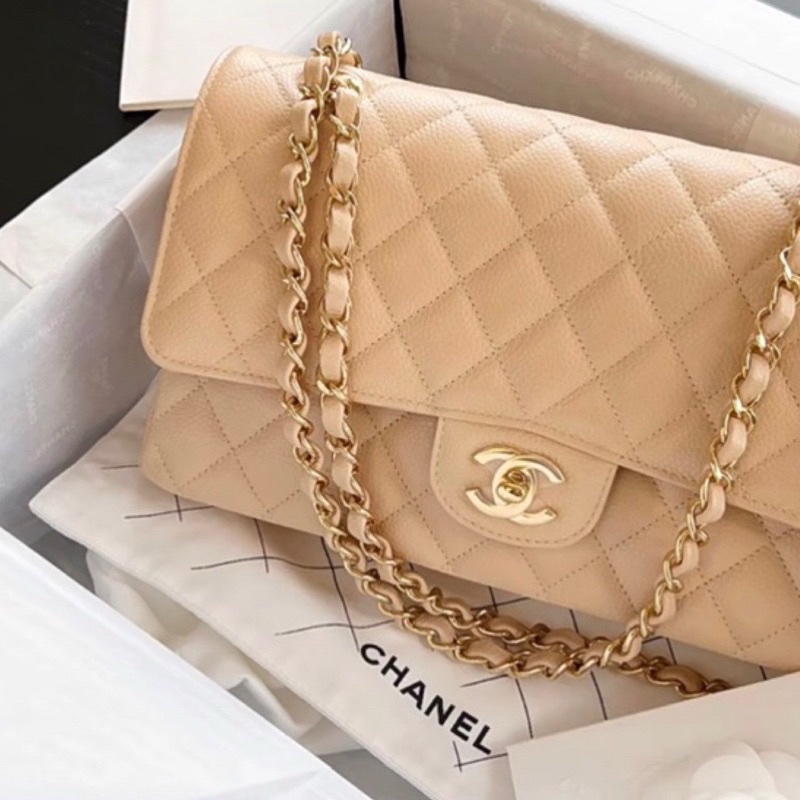 Chanel 經典口蓋包 cf25 魚子醬牛皮金釦 全新 晶片款-4