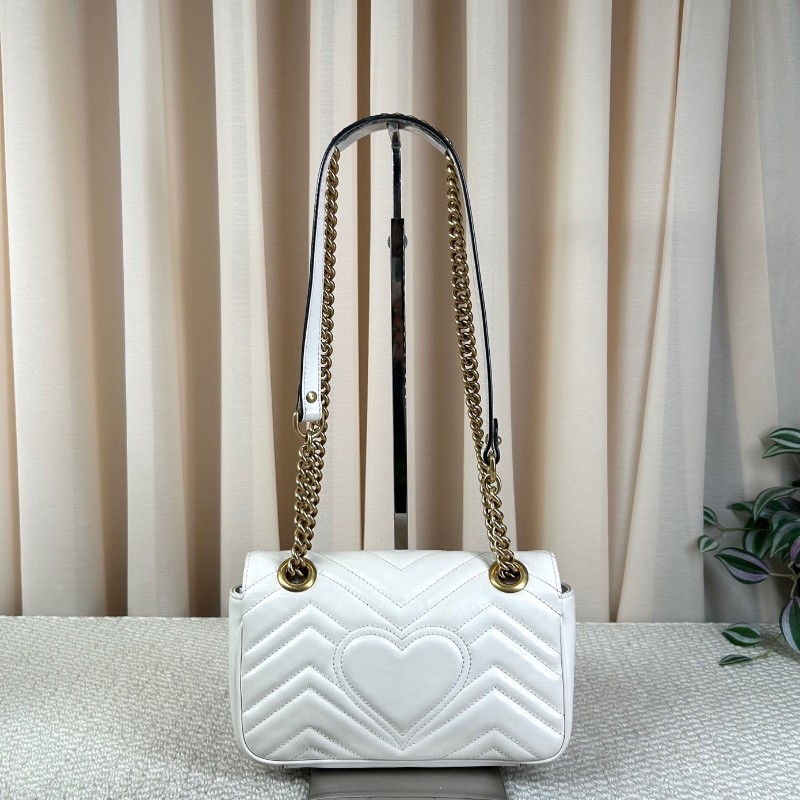 Gucci古馳馬蒙22 Marmont白色鏈條包 經典波浪紋拼圓弧紋設計 金色雙G logo 牛皮材質，鏈條肩帶 單肩斜挎都可以-8