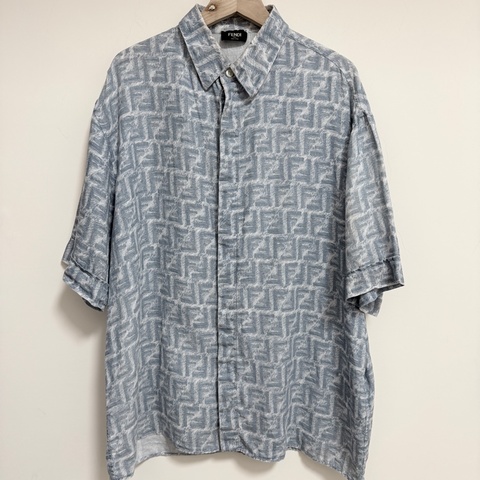 Fendi 24SS 淺藍色方格FF亞麻流蘇短袖襯衫 原價約5萬