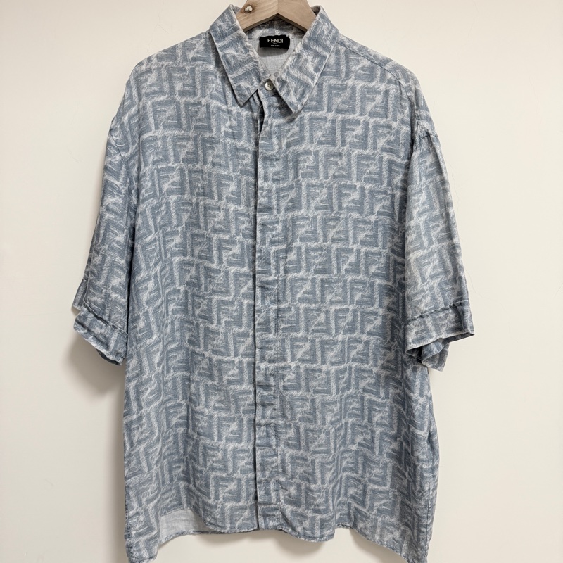 Fendi 24SS 淺藍色方格FF亞麻流蘇短袖襯衫 原價約5萬-0