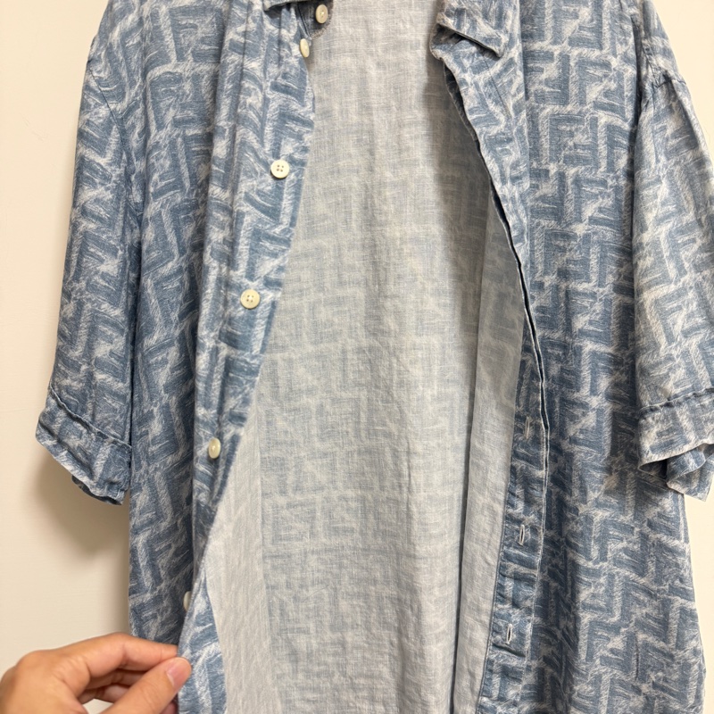 Fendi 24SS 淺藍色方格FF亞麻流蘇短袖襯衫 原價約5萬-3