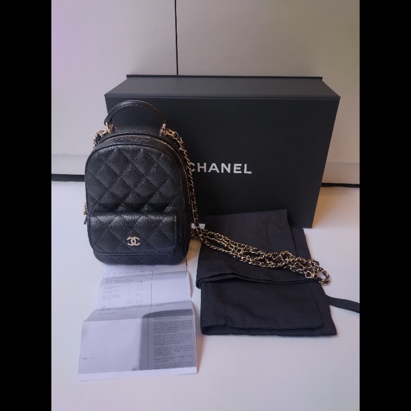 Chanel 金鍊黑荔枝皮三用小書包-5