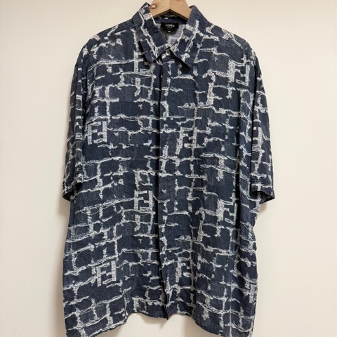 Fendi 24SS 深藍色方格FF亞麻流蘇短袖襯衫 原價約5萬