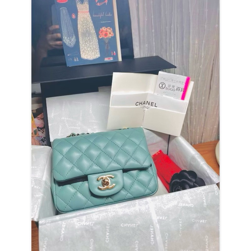 Chanel 經典款 mini 方胖17 cm tiffany綠 金釦 全配 晶片款-0