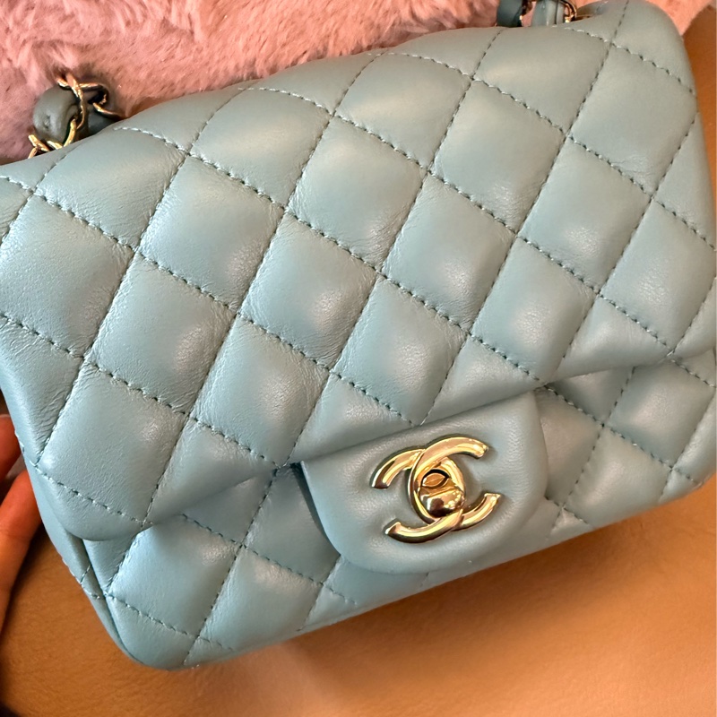 Chanel 經典款 mini 方胖17 cm tiffany綠 金釦 全配 晶片款-8