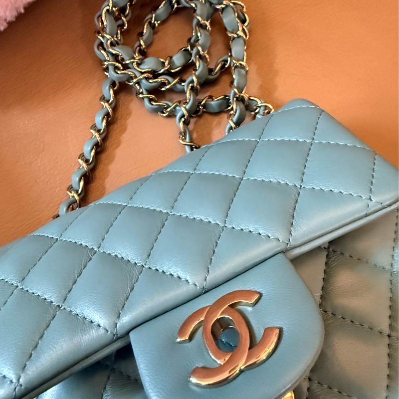 Chanel 經典款 mini 方胖17 cm tiffany綠 金釦 全配 晶片款-12