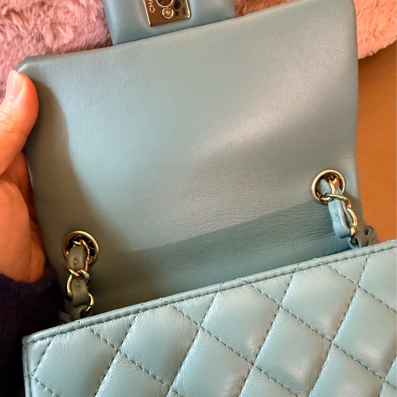 Chanel 經典款 mini 方胖17 cm tiffany綠 金釦 全配 晶片款-13