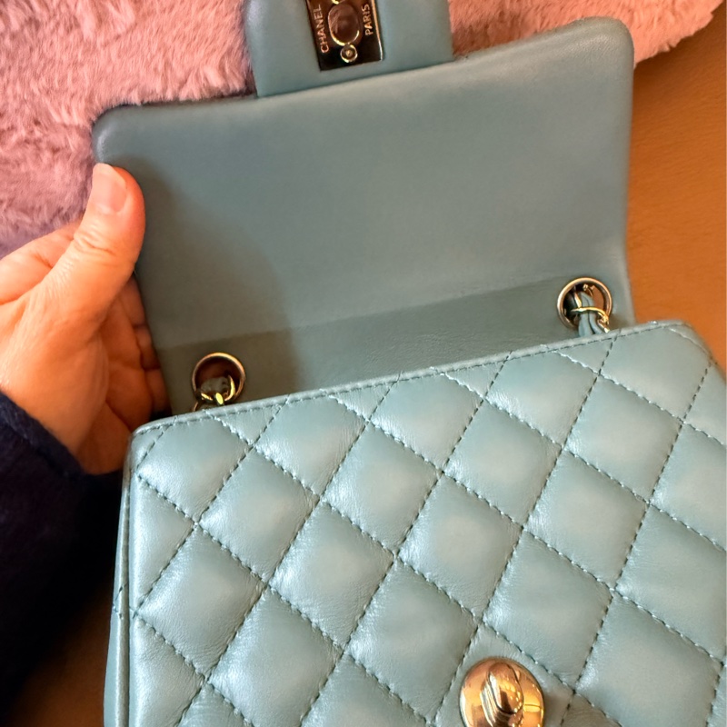 Chanel 經典款 mini 方胖17 cm tiffany綠 金釦 全配 晶片款-14