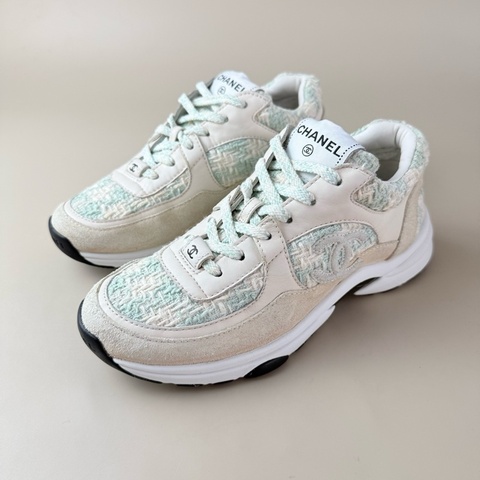 CHANEL/香奈兒 白綠編織雙C系帶休閒鞋 36碼 99新