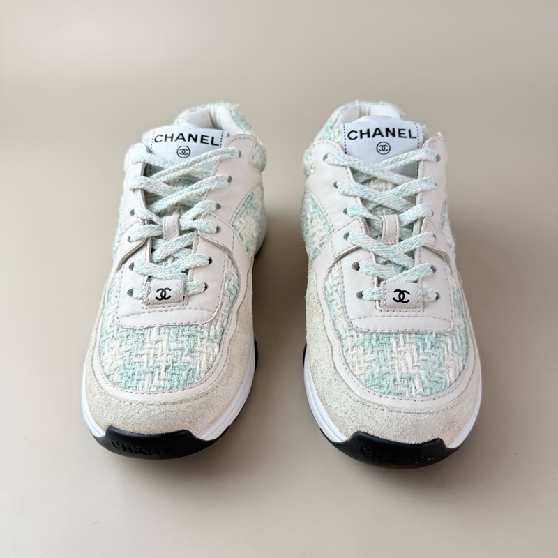 CHANEL/香奈兒 白綠編織雙C系帶休閒鞋 36碼 99新-1