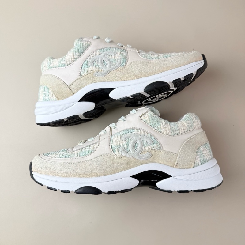 CHANEL/香奈兒 白綠編織雙C系帶休閒鞋 36碼 99新-4