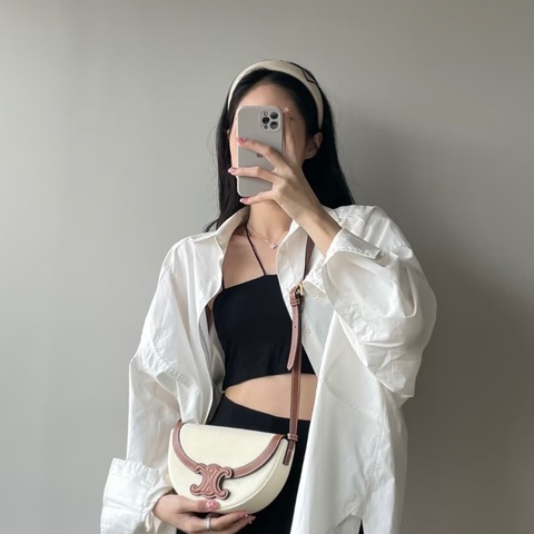 Celine帆布拼皮Basace凱旋門月亮包23*14*6 棕色拼米色 98新配件塵袋