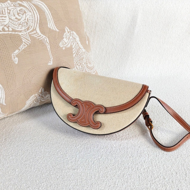 Celine帆布拼皮Basace凱旋門月亮包23*14*6 棕色拼米色 98新配件塵袋-4