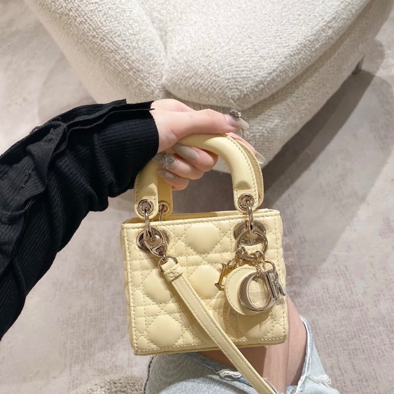 Dior 超mini三格黛妃包 小雞黃 金扣 羊皮12*10*4 98新配件盒子塵袋-1