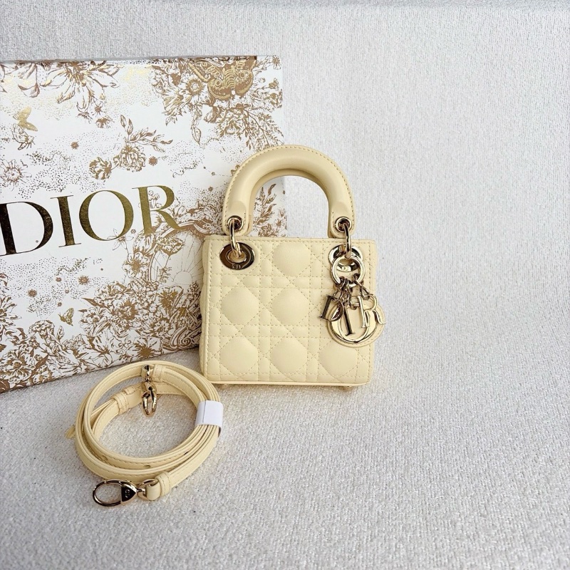 Dior 超mini三格黛妃包 小雞黃 金扣 羊皮12*10*4 98新配件盒子塵袋-2