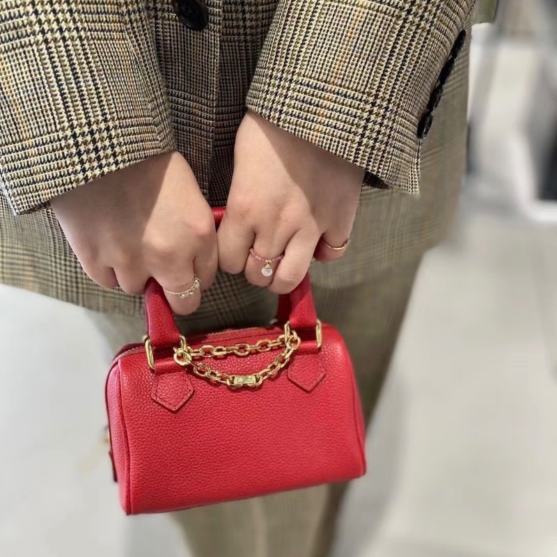 Celine 紅色金扣牛皮凱旋門全皮mini波士頓枕頭包 14*10*7.5  98新配件塵袋-0