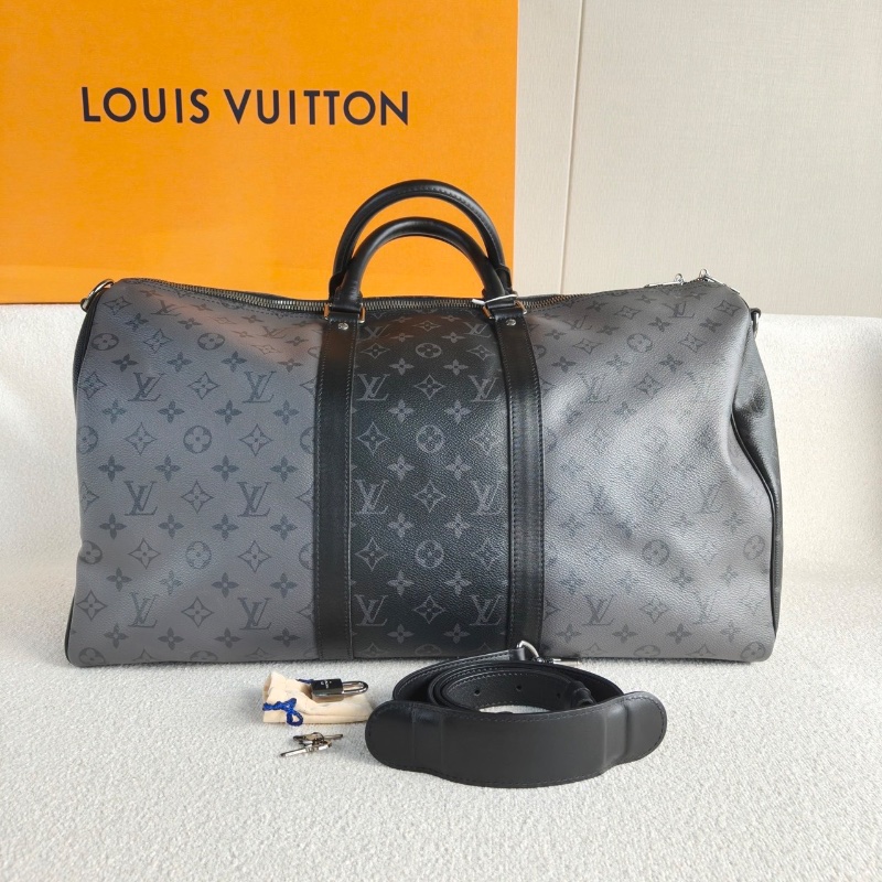 LV 黑武士老花keepall50行李袋 黑拼灰色芯片款50*28*23 98新盒子鑰匙鎖肩帶-1