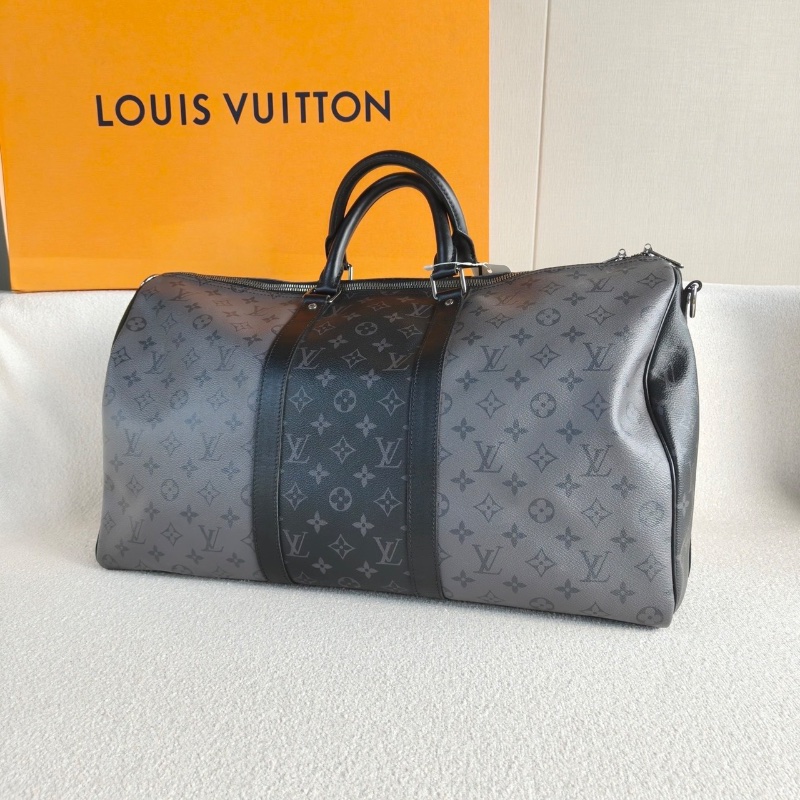 LV 黑武士老花keepall50行李袋 黑拼灰色芯片款50*28*23 98新盒子鑰匙鎖肩帶-3