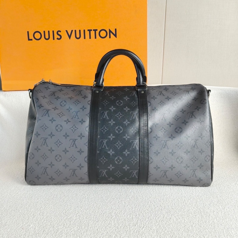 LV 黑武士老花keepall50行李袋 黑拼灰色芯片款50*28*23 98新盒子鑰匙鎖肩帶-5